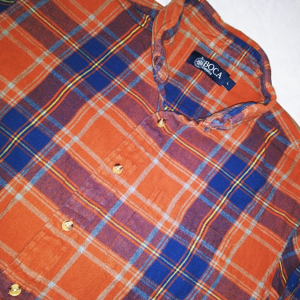 Boca Classics Men's Plaid Flannel Button Down Shirt‎ Long Sleeve Size L Orange